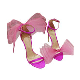 Asymmetric Bow Embellished Satin High Heel Sandals